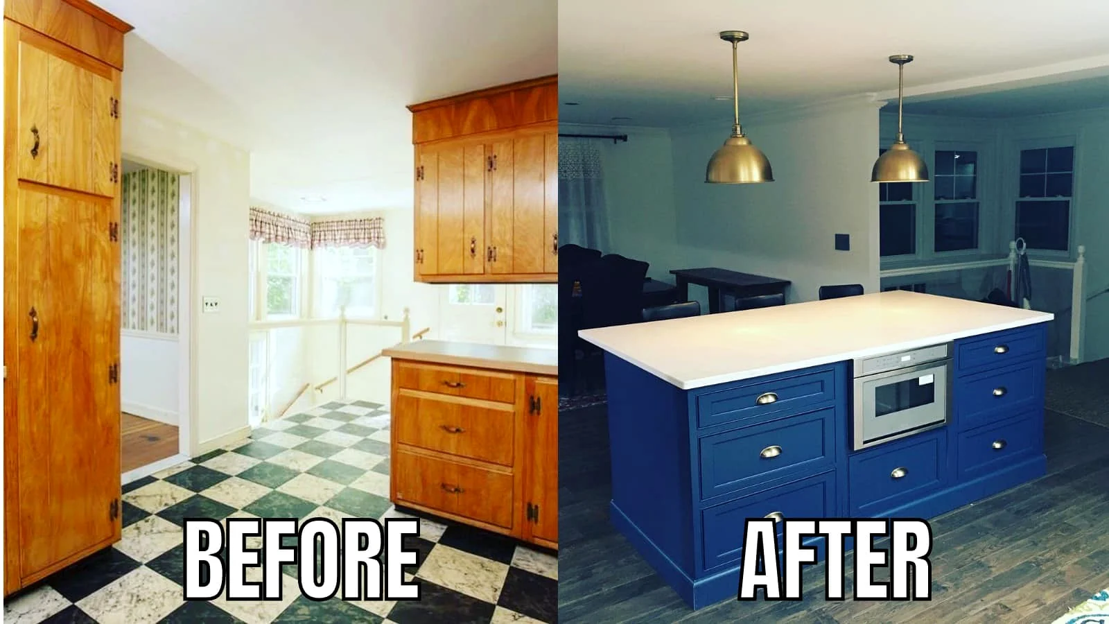 Kitchen renovation with blue island and modern finishes
